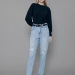 Calça Feminina Cintura Alta 30347 - Destroyed com puídos Azul Médio-034067, 34