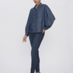 Camisa Feminina Confort Manga Bufante 30451 - Estonado Azul Escuro-LAV-009, P