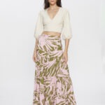 Saia Feminina Longa com Linho SA.163.0036 - Estampado Folhagem Verde E Rosa, 36