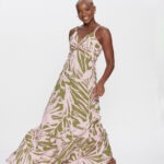 Vestido Feminino Longo Busto Torcido VE.163.0039 - Estampado Folhagem Verde E Rosa, PP