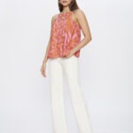 Blusa Feminina Halter Neck Aviamento BL.163.0044 - Estampado Folhagem Laranja E Rosa, PP