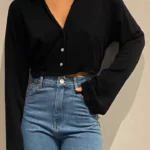 Camisa Feminina Manga Longa Tulipa Decote V CM.163.0015 - Preto-020001, PP