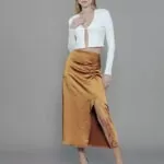 Saia Feminina Lápis com Franzido com Fenda Frontal SA.163.0005 - Marrom-080022, PP