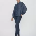 Camisa Feminina Confort Manga Bufante 30451 - Estonado Azul Escuro-LAV-009, P