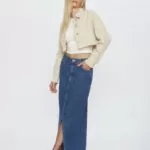 Saia Feminina Midi Slim com Fenda Frontal 30464 - Destroyed Azul Escuro-LAV-012, 36